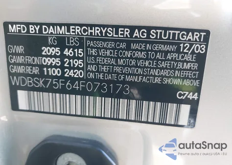 2004 Mercedes-Benz Sl 500 from USA, damaged, VIN WDBSK75F64F073173